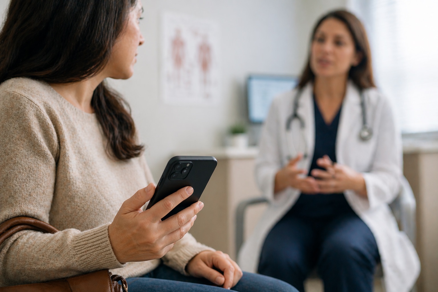 A patient holding a phone while talking with a doctor in an exam room