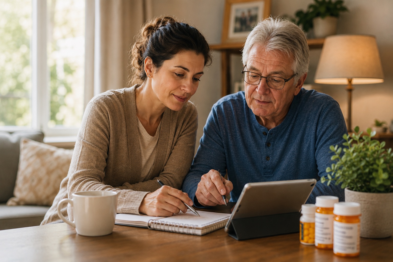 An adult daughter helping an older parent review care notes and medications at home